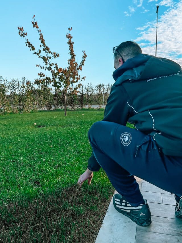 uomo che tocca l'erba del giardino di un abitazione